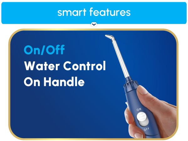 Image of Waterpik flosser with text reading on off water control on handle.
