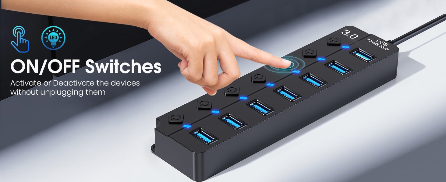 Text reads 'ON/OFF switches'. Multiple views of a black USB hub or control panel with blue illuminated buttons.