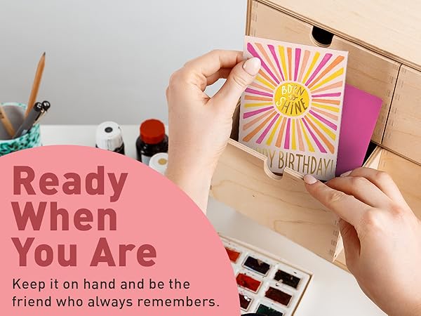 birthday card in stationery drawer with envelope