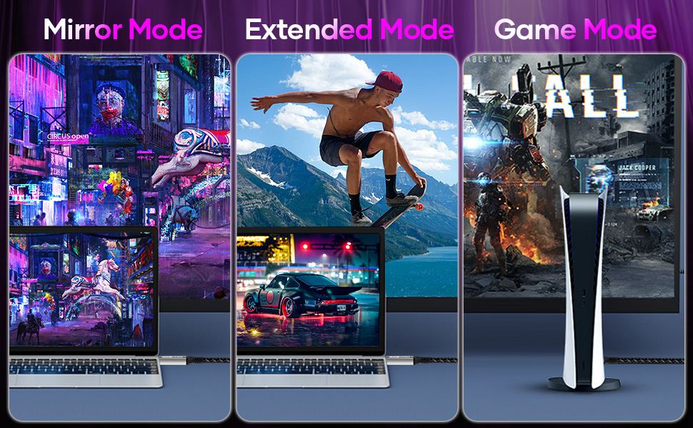Three smartphone screens displaying different camera modes: Mirror Mode with colorful reflections, Extended Mode with a snowboarder, and Game Mode showing a sports scene.
