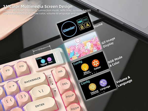 Pink Mechanical Gaming Keyboard 75% with Color Multimedia Display Jelly Keyboard Wired