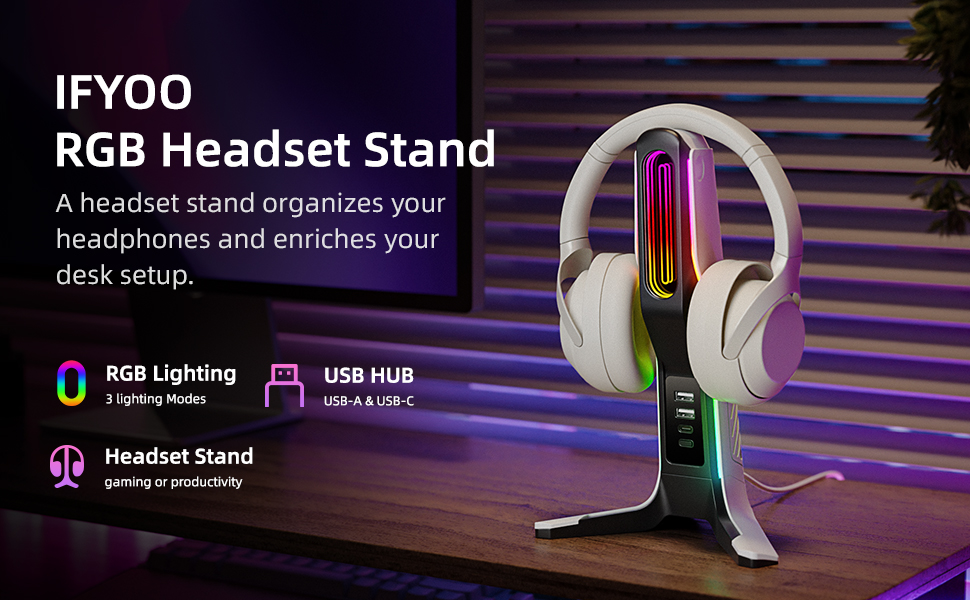 IFYOO RGB Gaming Headset Stand with USB Hub, Game Headphone Mount for PC Computer, Xbox One, PS5