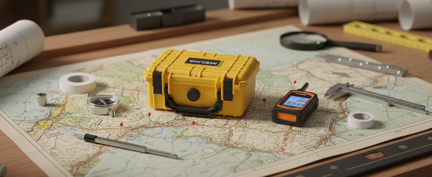 Workbench or table surface with various tools, maps, and a yellow power tool visible among scattered items.