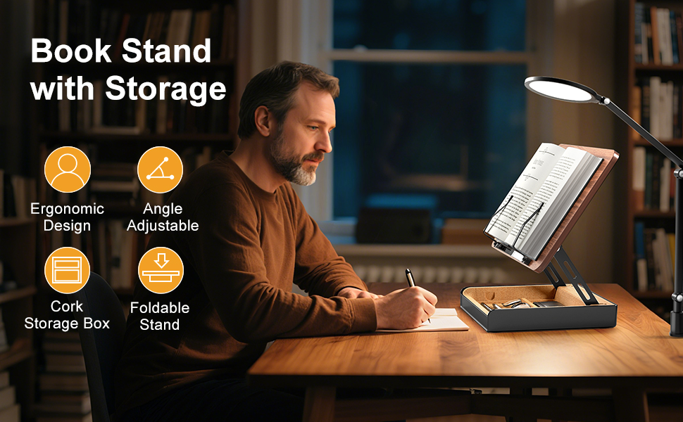 Book Stand with Storage,Ergonomic Design,Angle Adjustable,Cork Storage Box,Foldable Stand