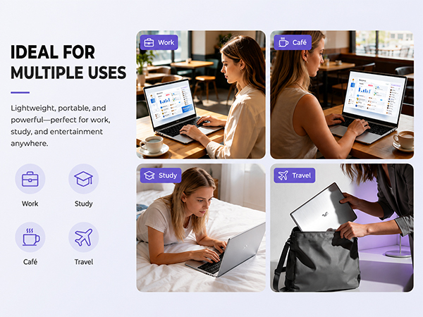 Portable business laptop for college student work study travel café.