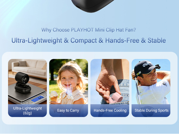 PLAYHOT mini clip-on hat fan 62g ultra-lightweight hands-free cooling for outdoor sports and travel