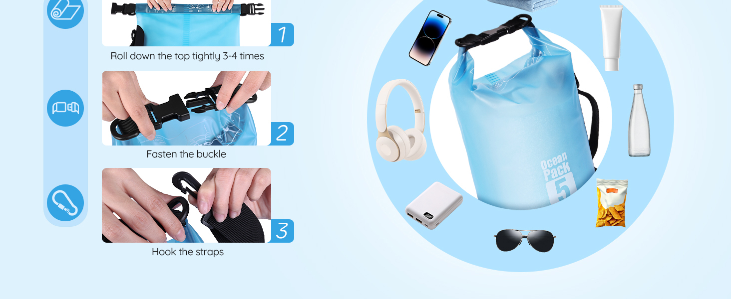 Three simple steps to use the TILYMOL dry bag: pack items, roll the top, and buckle securely