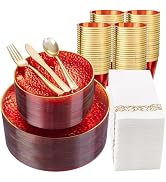 DaYammi 350 Pcs Clear Red Gold Plastic Plates, Hammered Disposable Dinnerware, Clear Red Plates S...