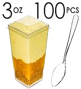 DLux 100 x 3 oz Mini Dessert Cups with Spoons and Lids, Square Tall - Clear Plastic Parfait Appet...