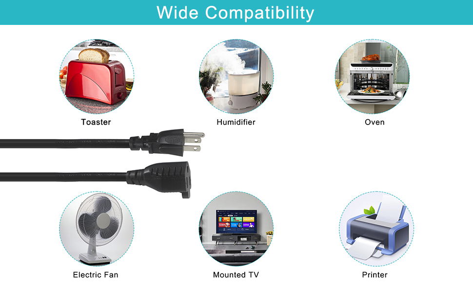 Short 3 Prong Extension Cord Outlet Saver Indoor SJT 16 AWG1 Foot AC Power Extensions Cable