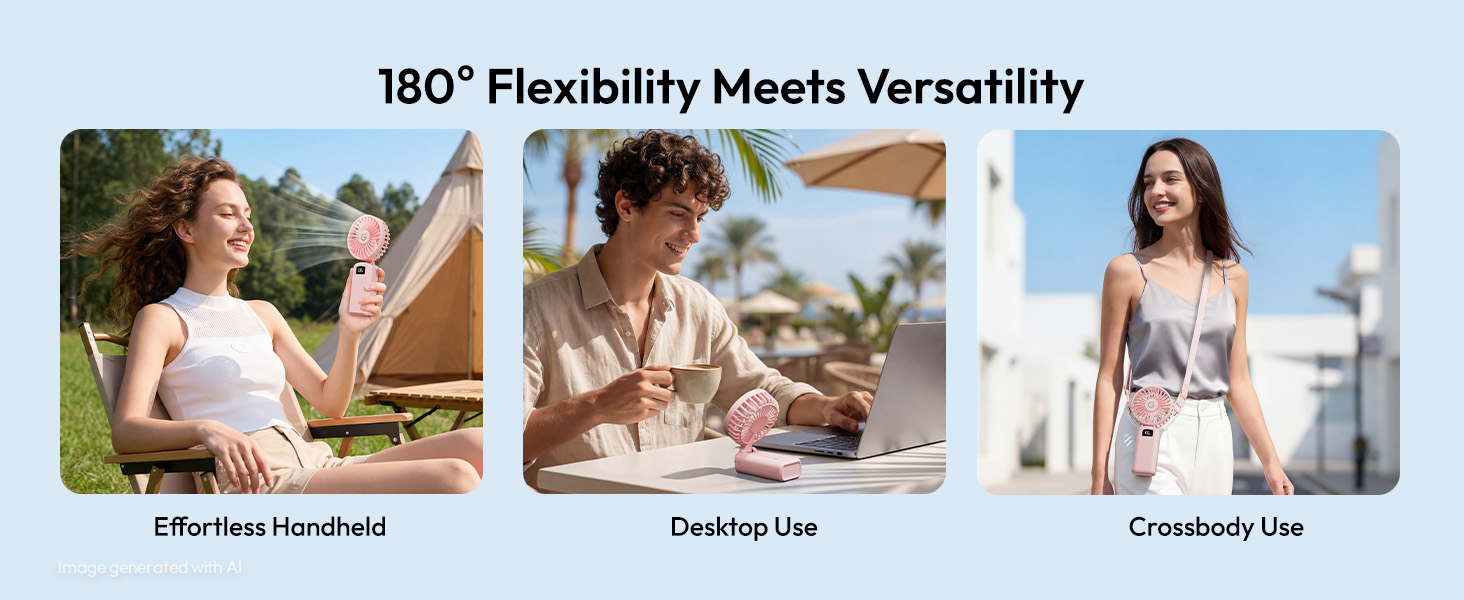 Portable handheld fan for outdoor cooling desk work crossbody wear camping travel hands free use