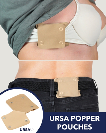Text reads 'URSA POPPER POUCHES'. Product image shows beige waist-mounted pouches demonstrated on multiple angles, attached to belt loops.