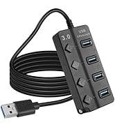 HATMINI 5FT 4-Port USB3.0 Expander Hub,USB 3.0 Fast Data Hub with Individual LED Power On/Off Swi...