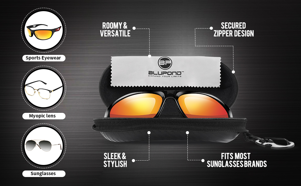 Carbon Sunglasses Case Semi Hard EVA Shell with Metal Hanging Hook Belt Clip Sun Glasses Storage