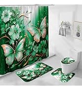 Litabel 4 Pcs Green Floral Butterfly Shower Curtain Set with Non-Slip Rugs, Emerald Flower Toilet...
