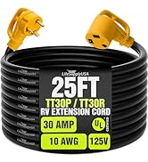 25ft RV Extension Cord 30 AMP (TT30P/TT30R) with PowerGrip Handle and Hook and Loop Strap - 10AWG...