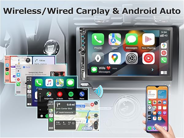 Double din car radio with wireless apple carlay &amp;amp; android auto