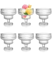ZAVOOS Set of 6 Glass Ice Cream Bowls, 10 Oz Vintage Heavy Base Footed Dessert Cup Set, Stripes C...