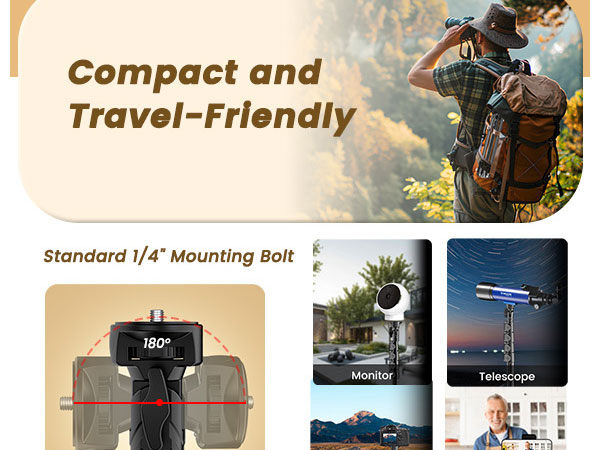 Compact and travel-friendly cell phone tripod with 1/4" mounting boit.
