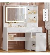 UPOSOJA Vanity Desk with Mirror and Lights,Power Outlet,3 Drawers,Pull-Out LED Mirror with 3 Ligh...