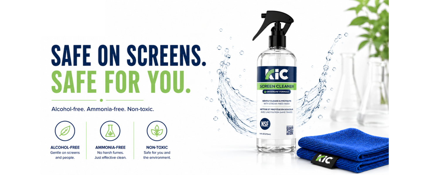 KiC Screen Cleaner displayed with a blue microfiber cloth