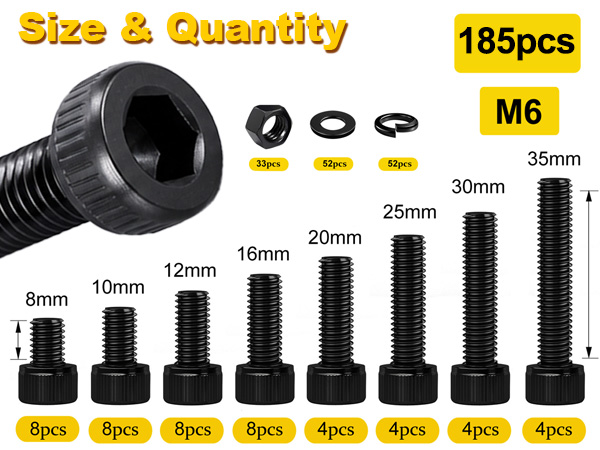 185PCS M6 screws size