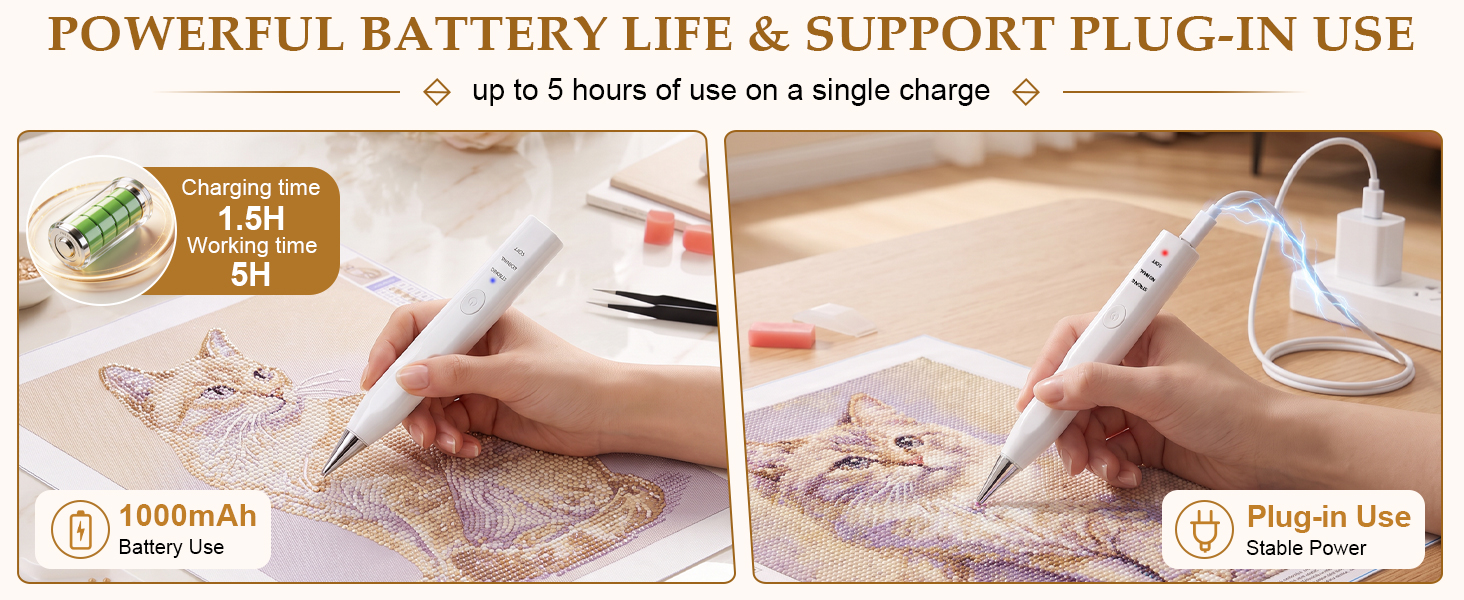 Text reads "POWERFUL BATTERY LIFE &amp; SUPPORT PLUG-IN USE". Split panel showing product in use with one person holding device and another person demonstrating extended battery capability with lifestyle imagery.