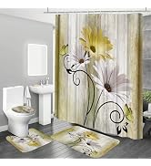 Onalasyc 4PCS Yellow Daisy Flowers Butterfly Shower Curtain Set with Shower Curtain and Carpet an...