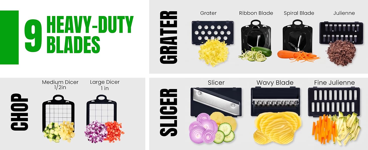 9 interchangeable blades for chopping, slicing, grating, and dicing vegetables.