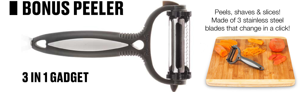 Bonus peeler is a 3 in 1 gadget that peels, shaves and slices