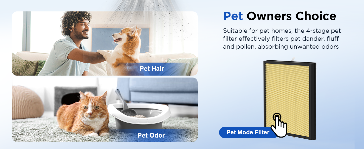 HEPA air purifier in living room with cat nearby, capturing pet hair, dander and odor for home