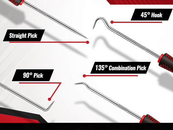 Pick set showing straight, 90-degree, and 135-degree combination tips with red-and-black handles.
