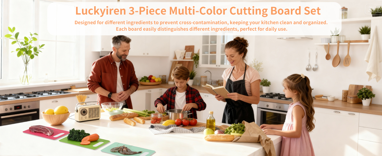 Family using Luckyiren 3-Piece Multi-Color Cutting Board Set to prevent cross-contamination