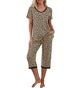 PrinStory Women's Pajama Set Short Sleeve Shirt and Capri Pants Sleepwear Pjs Sets with Pockets