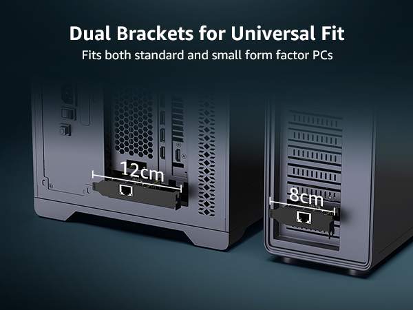 Text reads 'Dual Brackets for Universal Fit' and 'Fits both standard and small form factor PCI'. Shows computer case brackets with measurement markings.