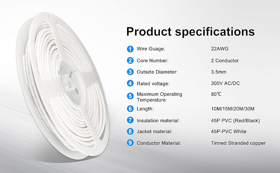 2 conductor white wire 22AWG UL2464 wire white electrical wire 0.35mm² wire DIY extension wire