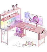AODK L Shaped Desk Gaming Desk with LED Light &amp; Power Outlet, 53 Inch Reversible L Shaped Compute...