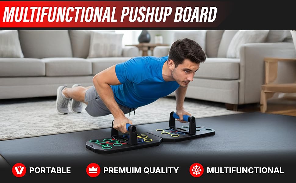 Man using a portable push-up board with color-coded grip positions for home strength training.