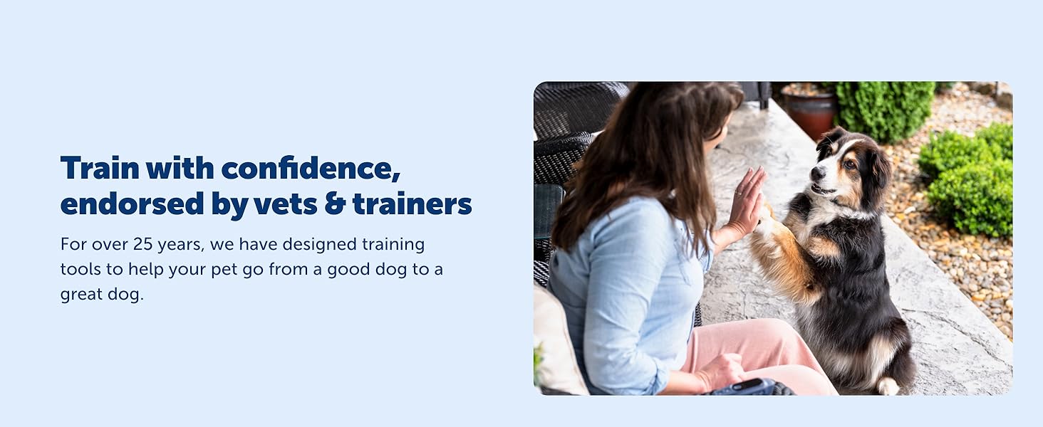 PetSafe Traners train with confidence, endorsed by vets and trainers happy dog with happy person