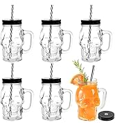 TOPZEA 6 Pack Glass Mason Drinking Jars with Handle, 16 Oz Skull Beer Mugs Wide Mouth Tumbler Cup...