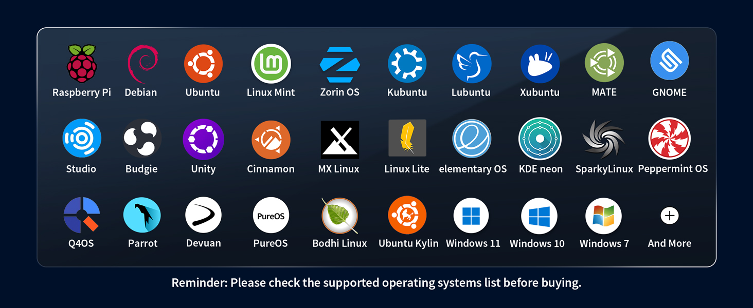 Logos of Linux Distros Supported by the Adapter Including Ubuntu Debian Raspberry Pi and More