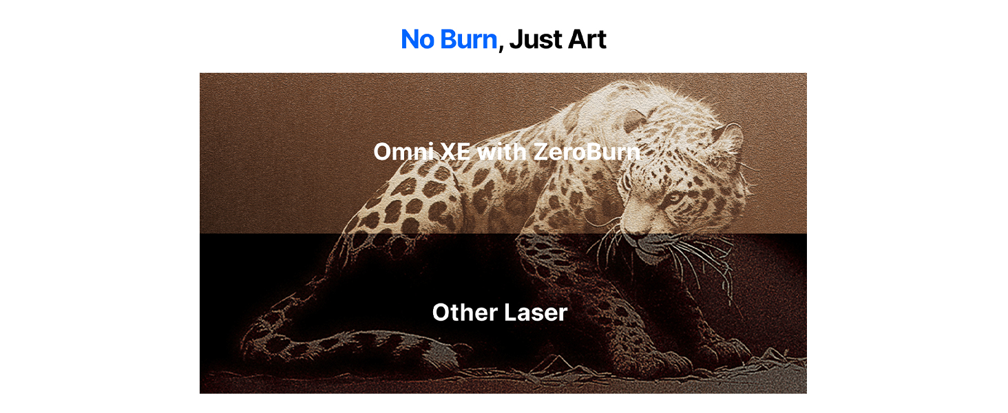 Text reads 'No Burn, Just Art', 'Omni-Vision X Series', 'Other Laser'. Comparison image showing detailed etching or engraving of a wildlife scene.