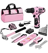 WORKPRO 12V Pink Cordless Drill Driver and Home Tool Kit, Hand Tool Set for DIY, Home Maintenance...