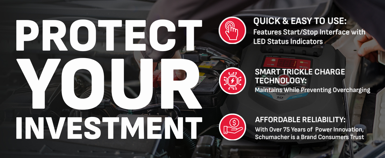 Schumacher charger on car with reverse hook-up protection and multi-stage charging