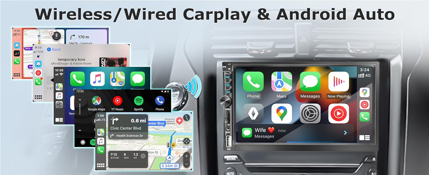 Double din car radio with wireless apple carlay &amp;amp;amp; android auto