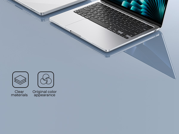 Partial view of a silver laptop with black keyboard. Two icons indicate 'Quality materials' and 'Original color appearance' features.
