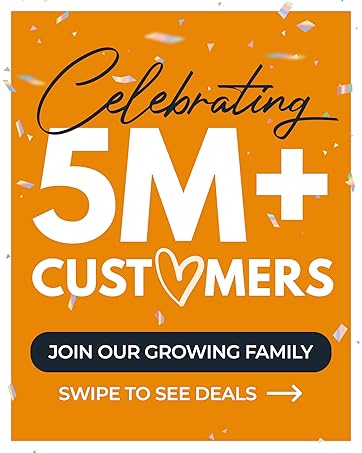 Text reads: 'Celebrating 5M+ CUSTOMERS' with 'JOIN OUR GROWING FAMILY' and 'SWIPE TO SEE DEALS ?' on orange background. Heart icon replaces 'O' in 'CUSTOMERS'.