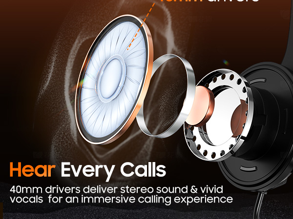 usb headset with microphone for pc,40mm drivers deliver stereo sound for calling, music video