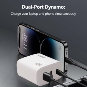 Ernydal charger powering a laptop and smartphone simultaneously, showcasing its fast-charging