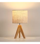 DEWENWILS Bedside Table Lamp, Tripod Table Lamp Wood with Linen Fabric Shade, Small Nightstand La...